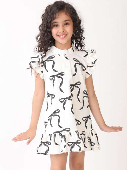 Anthrilo Girls Summer Black Bow Frill Dress Off Wh