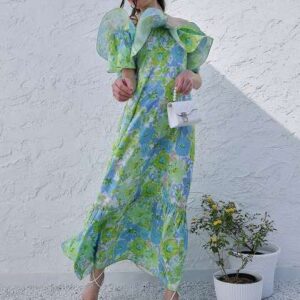 Athena Green Floral Printed Halter Neck Tiered Gat
