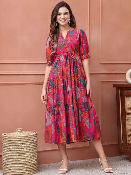 Claura Women Floral Printed Fit Flare Midi Dress