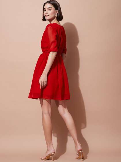 DressBerry Red Puffed Sleeves Sequined Georgette F