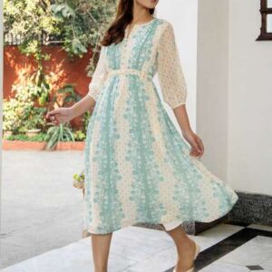 Janasya Dobby Georgette Floral Flared Dress