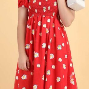 PTVIZE Girls Floral Printed Puff Sleeves Net Fit