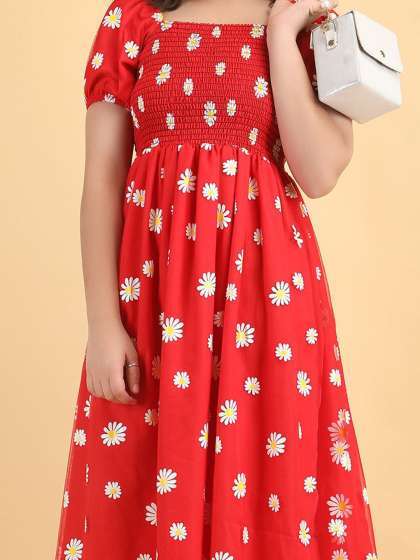PTVIZE Girls Floral Printed Puff Sleeves Net Fit