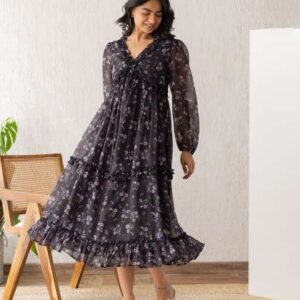 Polago Clothing Floral Print Puff Sleeve Georgette