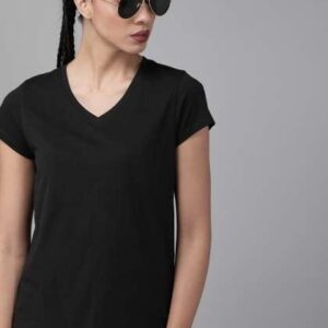 Roadster Women Black Solid VNeck Pure Cotton Tshir
