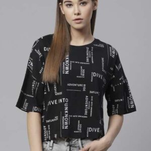 Roadster Women Black  White Printed Round Neck Tsh
