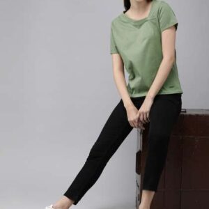 Roadster Women Olive Green Solid Asymmetric Neck D