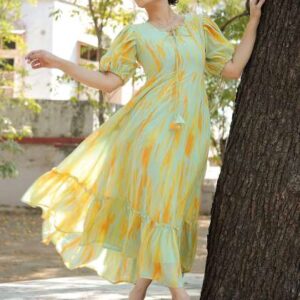 SHINISHA Women Printed Puff Sleeve Fit  Flare Maxi