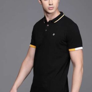 WROGN Men Black Solid Polo Collar Pure Cotton Tshi