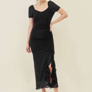 aayu Puff Sleeve Ruffled Georgette Bodycon Midi Dr