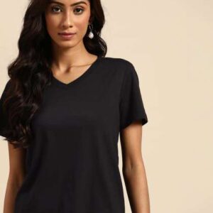 all about you Women Black Solid VNeck Tshirt