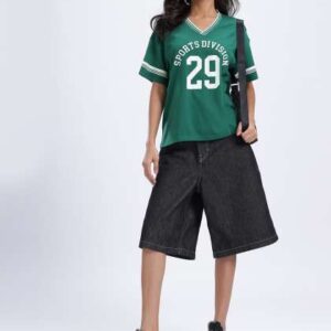 glitchez Women Varsity Printed VNeck Oversized Tsh